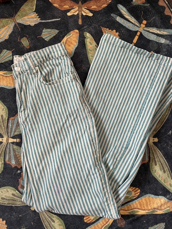 Old Navy Denim - Free People Striped High-Waist Denim Jeans in Teal and White